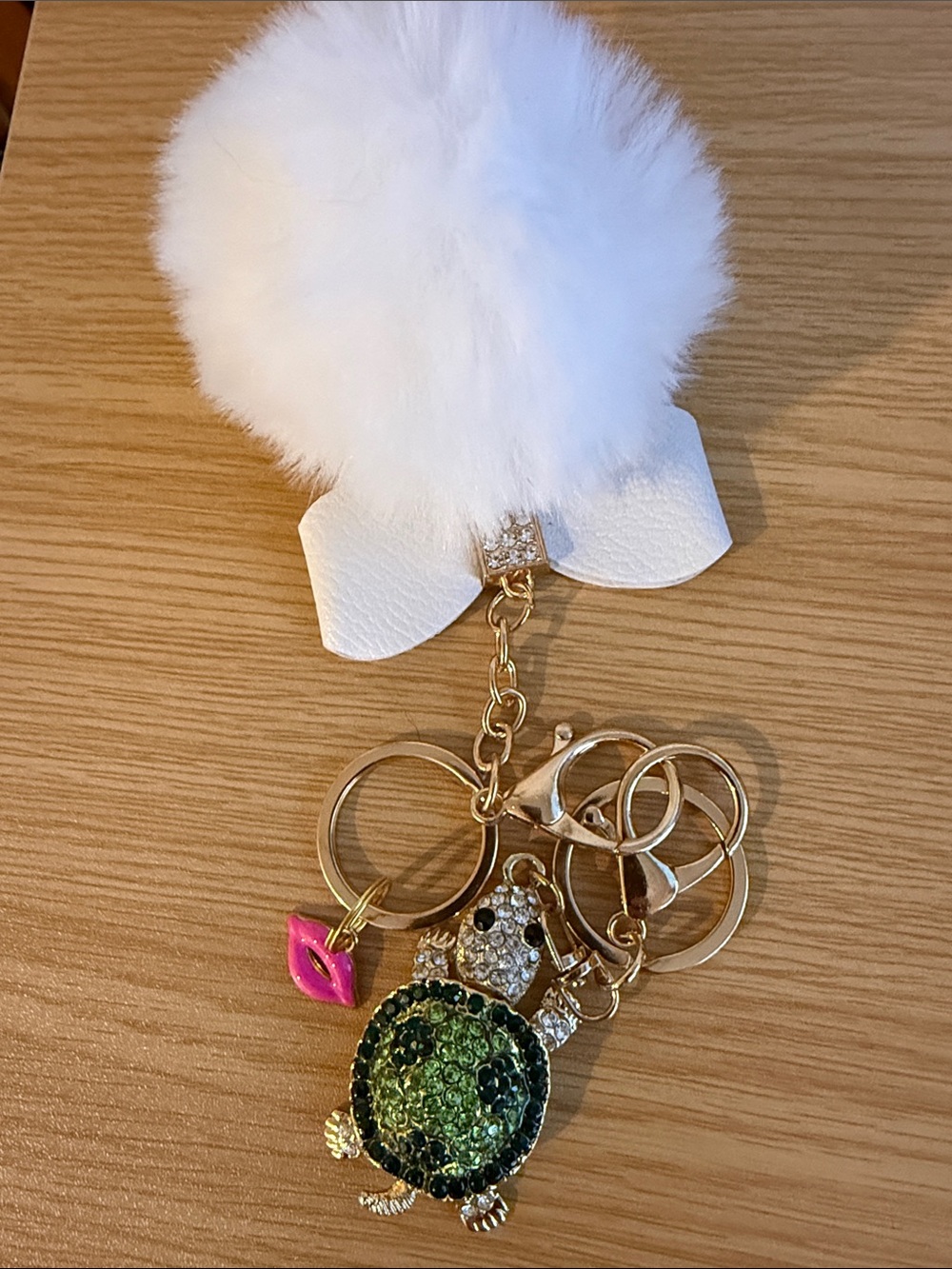 White Pom Pom Keychain Purse Charm with Green Crystal Turtle